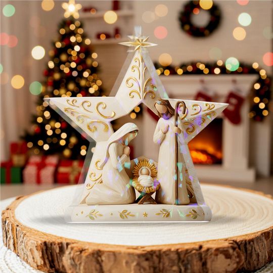 Discover Nativity Star Hologram Acrylic Block, Holy Family Christmas Lighted Decor, Religious Manger Scene Holiday Display Gift, Nativity Plaque