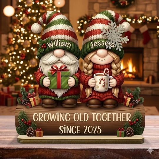 Custom Couple Growing Old Together Wooden Plaque, Gnome Couple, Wedding Anniversary Gift For Husband Wife, Gift For Parents, Xmas Keepsake