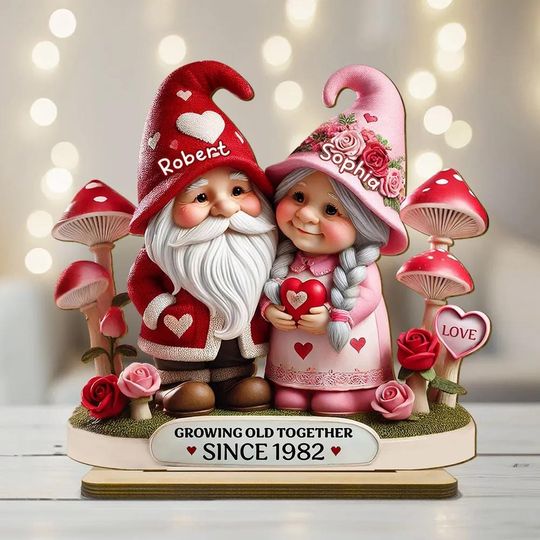 Discover 3D Effect Romantic Gnome Couple Personalized Standing Wooden Plaque, Heartfelt Gift For Her, For Wife