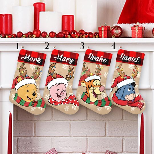 Discover Personalized Winnie The Pooh Santa Hat Disney Christmas Stockings, Pooh Bear Family Christmas Stockings With Name, Piglet Tigger Eeyore