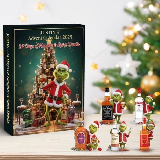 Discover Christmas Green Character Advent Calendar 2025, 24 Day of Naughly and Spirit Drinks, Holiday Vehicle Countdown Box, 24 Mini Ornament.