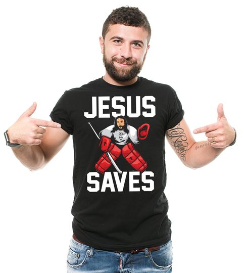 Discover Funny Jesus Saves Hockey Goalie T-Shirt for Hockey Dads