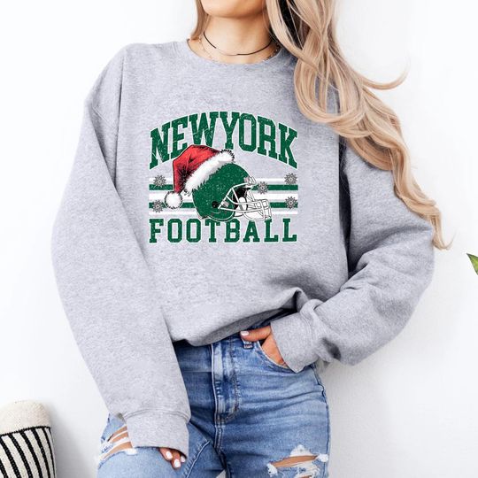 Discover New York Football Christmas Sweatshirt, Santa Hat Helmet Holiday Crewneck, Vintage Winter Game Fan Gift, Unisex Xmas Sweater