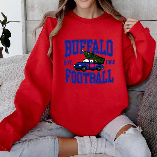 Discover Buffalo Football Christmas Sweatshirt, Vintage Red Blue Truck Tree Crewneck, Cozy Holiday Game Day Shirt for Fans