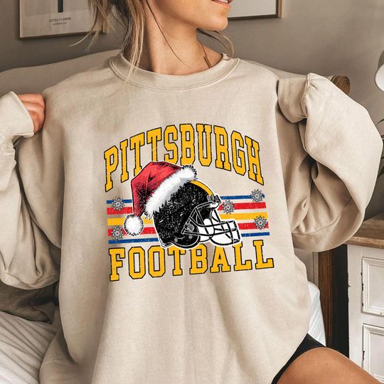 Discover Pittsburgh Football Christmas Sweatshirt, Santa Hat Helmet Holiday Crewneck, Vintage Winter Game Fan Gift, Unisex Xmas Sweater
