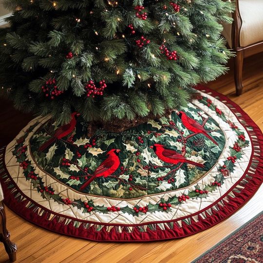 Christmas Cardinal Tree Cover, House Warming Gift, Cardinal Christmas Tree Skirt, Christmas Tree Home Decor, Christmas Decorations