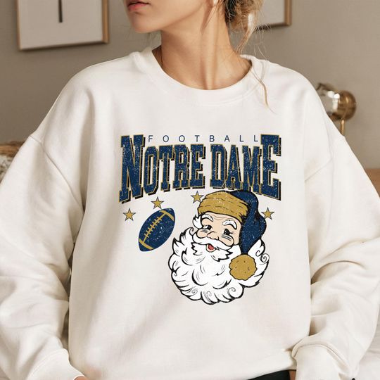 Discover Vintage ND Football Christmas Sweatshirt, Santa Claus University Crewneck, Retro Holiday Game Day Sweater
