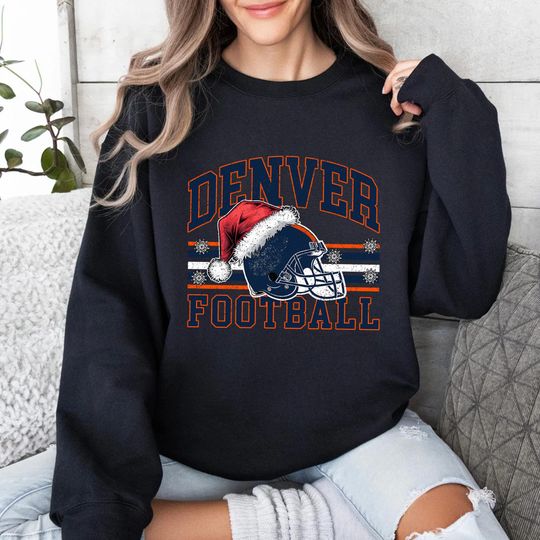 Discover Denver Football Christmas Sweatshirt, Santa Hat Helmet Holiday Crewneck, Vintage Winter Game Fan Gift, Unisex Xmas Top