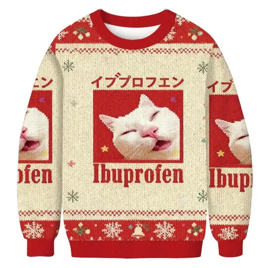 Discover Red Ibuprofen Meme Cat Christmas Ugly Sweatshirt, Ugly Christmas Sweater