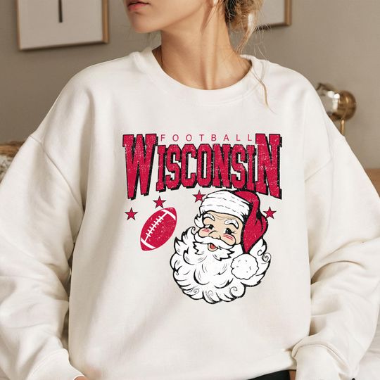 Discover Vintage Wisconsin Football Christmas Sweatshirt, Santa Claus University Crewneck, Retro Holiday Game Day Sweater