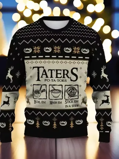 Discover Taters Ugly Christmas Sweater, Funny Potato Quote Knit Pullover, Hobbit Gift