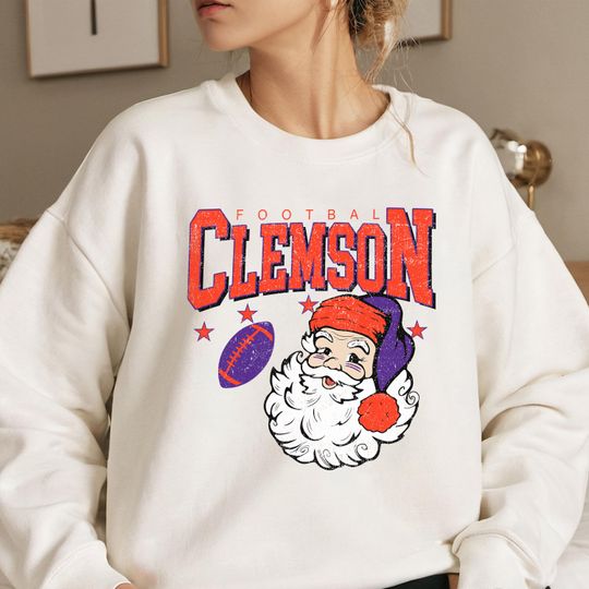 Vintage Clemson Football Christmas Sweatshirt, Santa Claus University Crewneck, Retro Holiday Game Day Sweater