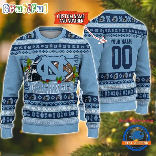 North Carolina Tar Heels Inspired Ugly Christmas Sweater  Football Fan Holiday D