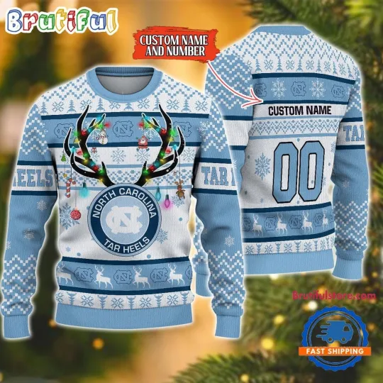 North Carolina Tar Heels Inspired Reindeer Light Ugly Christmas Sweater