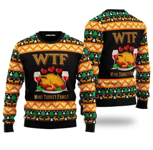 Wine Turkey Family Happy Thanksgiving Ugly Sweater
