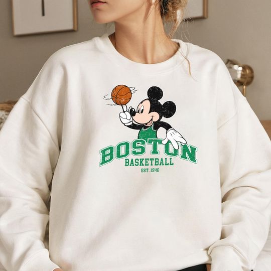 Discover Boston Basketball Sweatshirt, Mickey Spinning Ball Vintage Boston Sports Tee Unisex Retro Distressed Graphic Top