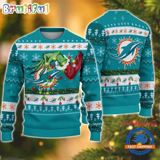 Miami Dolphins Inspired Ugly Sweater funny character Hand Holiday Football Fan Style