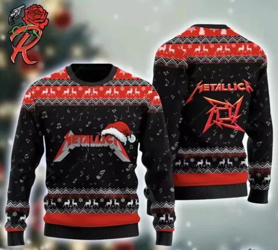 Discover Metallica Signature Logo With Santa Hat Reindeer Pattern Knitted Ugly Christmas