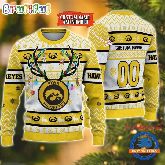 Iowa Hawkeyes Inspired  Reindeer Light Ugly Christmas Sweater
