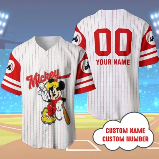 Discover Personalized Mickey Mouse Play Baseball Game Day Striped Baseball Jersey Shirt