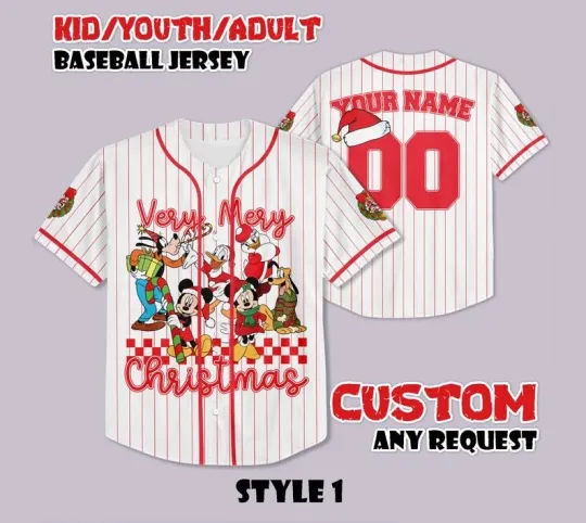 Discover Personalized Mickey & Friends Very Merry Christmas Holiday Baseball Jersey Shirt