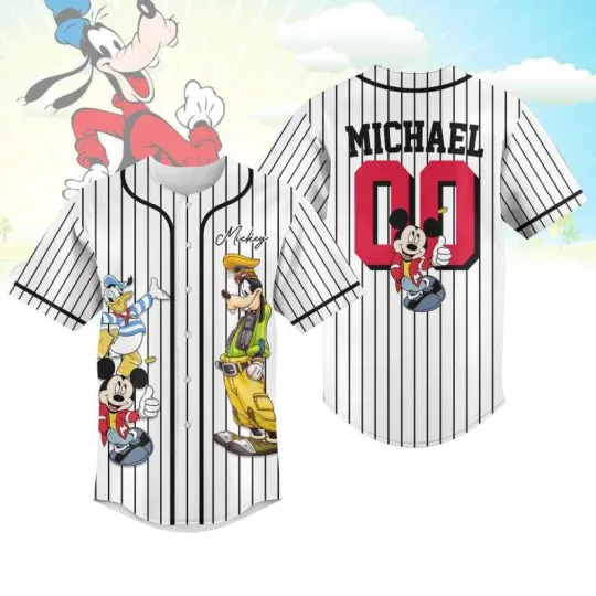 Discover Personalized Mickey Mouse Donald Duck & Goofy Striped Baseball Jersey Shirt