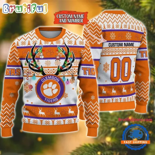 Clemson Tigers Fan Made Reindeer Light Ugly Sweater Holiday Football Gift