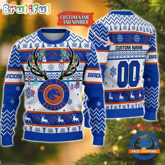 Boise State Broncos Inspired Ugly Christmas Sweater  Reindeer Light Fan Style
