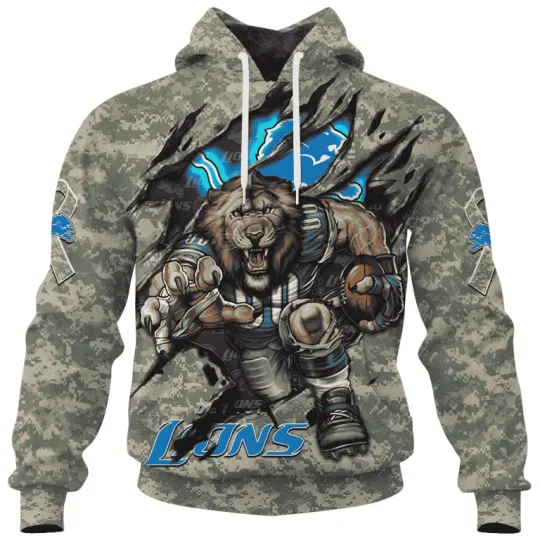 Detroit Lions Camo Mascot 3D Hoodie Veteran