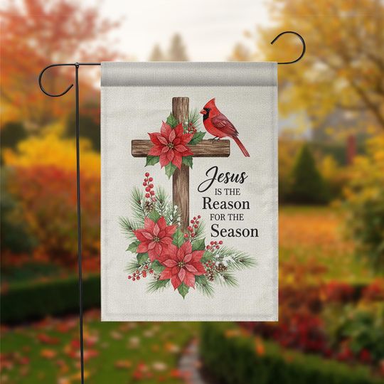 Discover Christian Christmas Garden Flag with Cross and Poinsettias and Cardinal Design
