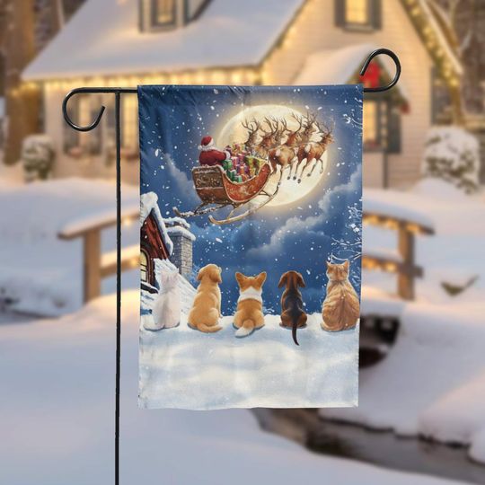 Discover Christmas Garden Flag, Dog and Cat Watching Santa, Holiday Yard Decor, Winter Outdoor Flag, Festive Pet Lovers Decoration, Xmas Decoration
