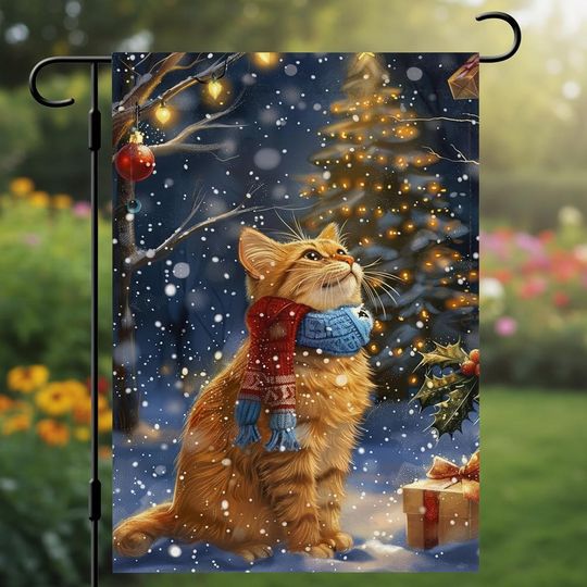 Discover Cat Christmas Garden Flag, Snowy Ginger Kitten Yard Banner, Double Sided Pet Holiday Decor, Winter Cat Lover House Gift
