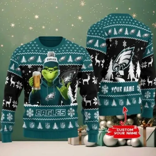 Discover Philadelphia funny character With Beer Eagles Football Team Christmas Ugly Sweater