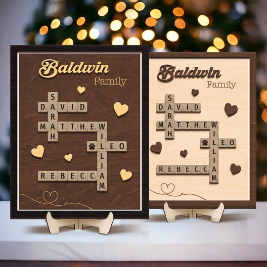 Custom Family Scrabble Puzzle Sign, Crossword Scrabble Wooden Sign, Custom Family Name Sign, Grandparents Christmas Gift, Wooden Name Sign