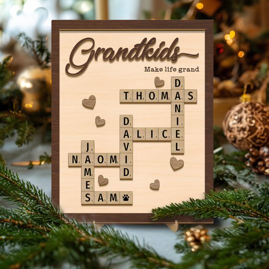 Custom Scrabble Puzzle Sign, Grandkids Crossword Scrabble Wooden Sign, Family Name Sign, Grandparents Christmas Gift, Grandchildren Sign