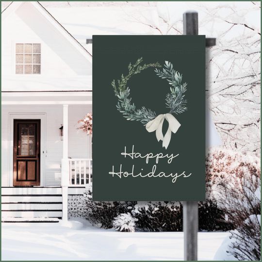 Discover Christmas Garden Flag:  Outdoor Holiday Decor, Dark Green Welcome Sign with Wreath