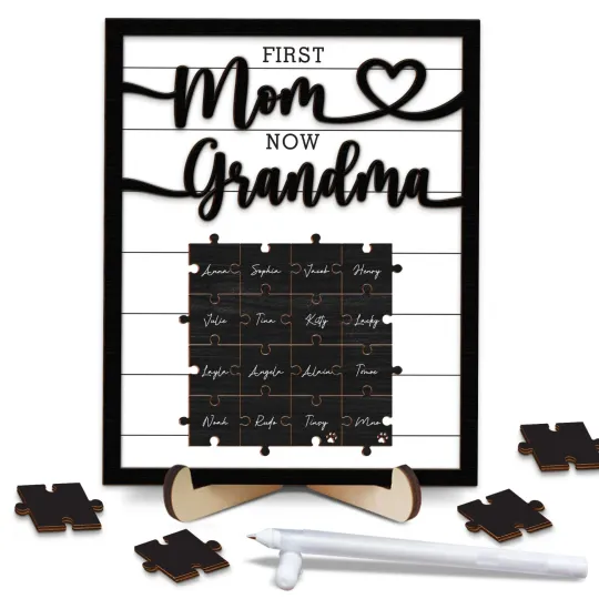 Wooden Family Frame Sign for Grandma Featuring Names of Loved Ones Puzzle Piece