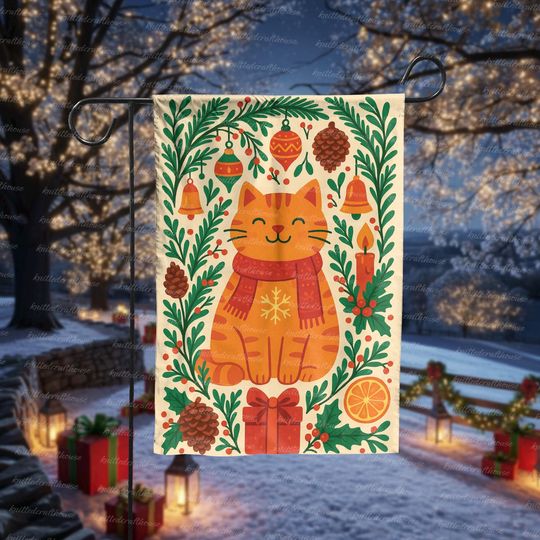 Discover Christmas Garden Flag for Cat Lovers, Folk Art Orange Cat Garden Flag, Seasonal Christmas Yard Flag, Folk Art Christmas Porch Decor