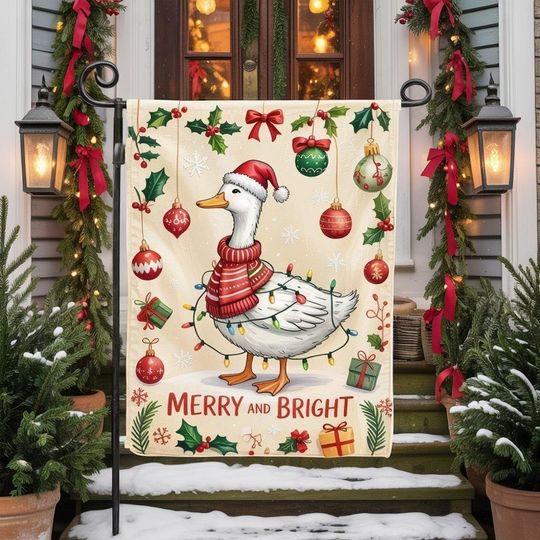 Discover Merry and Bright Goose Garden Flag  Funny Christmas Holiday Yard Decor  Festive Duck in Lights Outdoor Winter Flag