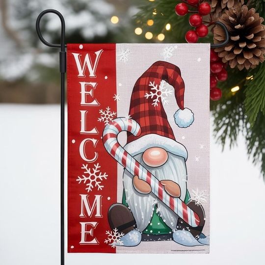 Discover Welcome Christmas Garden Flag, Gnome & Candy Polyester Outdoor Christmas Decorations, Vertical Double Sided Yard Flag, Snowflake Xmas Decor