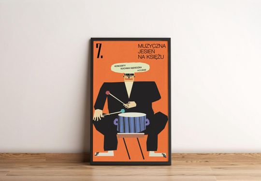 Discover Musical Autumn Poster - Local Music Festival, Drummer Illustration, Orange Art Print for Home Wall Decor