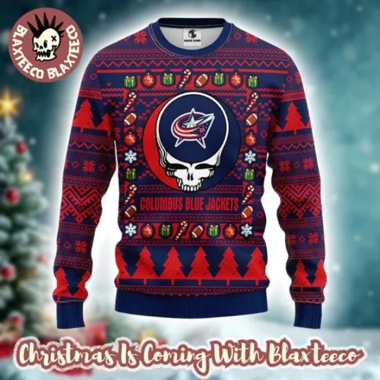 Grateful Dead NHL Columbu Blue Jacket Ugly Christmas Sweater