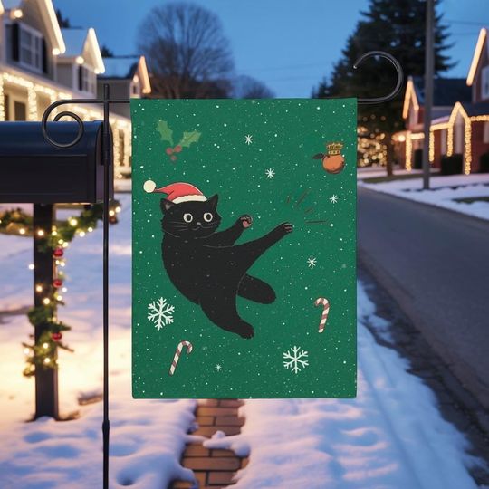 Discover Funny Black Cat Christmas Garden Flag  Cute Santa Hat Cat with Candy Canes and Snowflakes  Winter Holiday Yard Outdoor Decor