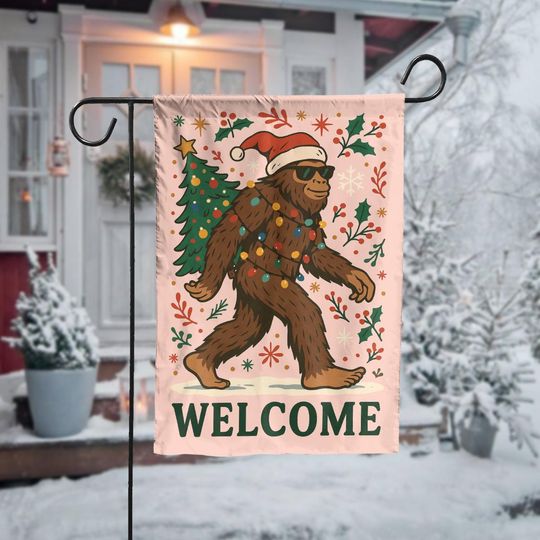 Discover Bigfoot Christmas Garden Flag, Funny Sasquatch Holiday Yard Decoration, Outdoor Welcome Xmas Flag, Winter Porch Decor