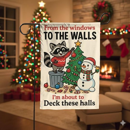 Discover Funny Raccoon Christmas Garden Flag, Deck These Halls Holiday Yard Flag, Cute Animal Outdoor Decor for Winter Lawn and Porch Display