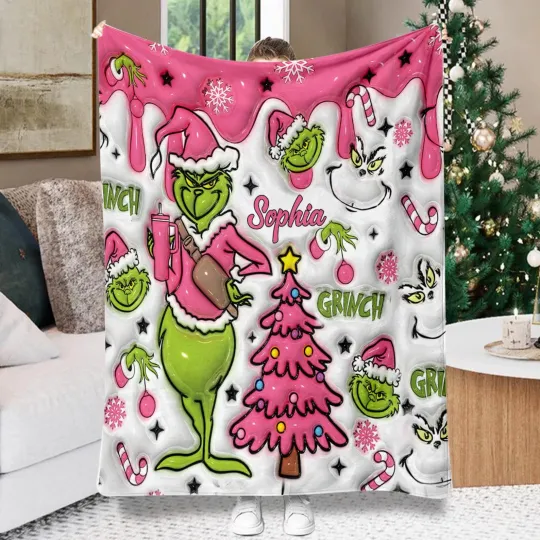 Discover Personalized Pink Grin Fleece Blanket, Custom funny character Christmas Blanket, Chris