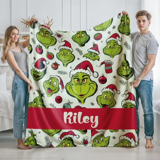 Discover Custom Name funny character Blanket, Cartoon Blanket For Boy and Girl, Green Christmas Tr