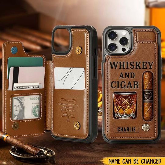 Whiskey & Cigar - Personalized Whisky Wallet Phone Case, PU Leather Phone Case For Star War Fan, Force Phone Cover, Dad Gift, Christmas Gift