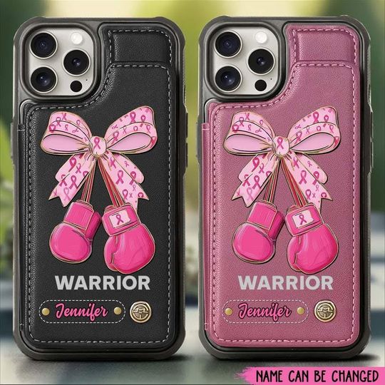 Warrior - Personalized Breast Cancer Awareness Wallet Phone Case, Breast Cancer Wallet Phone Case with Card Slots, PU Leather Phone Stand
