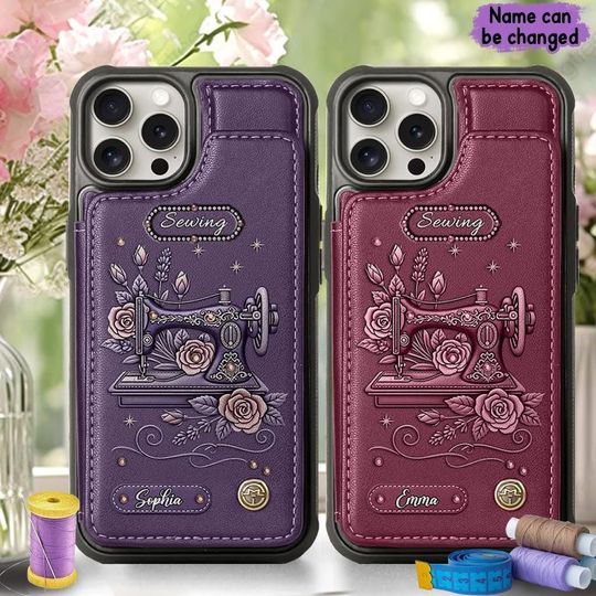 Beautiful Sewing Machine - Personalized Sewing Wallet Phone Case, Sewing PU Leather Phone Stand, Phone Cover Gift for Sewer, Christmas Gift